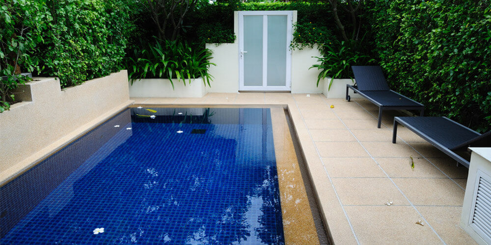 small pool with retaining walls on 2 sides with trees and plants in them