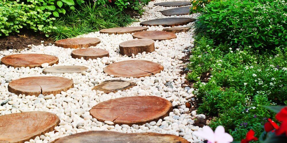 stone path with wooden stepping stones