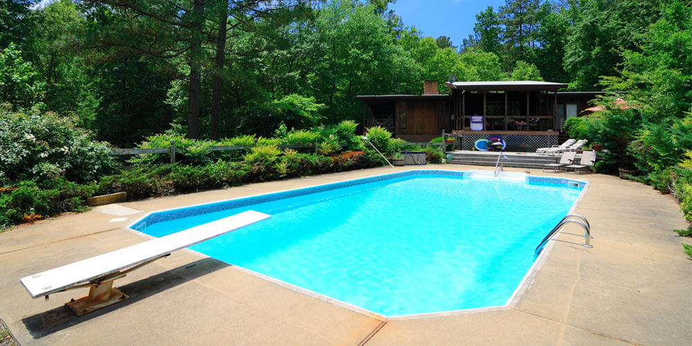 backyard pool with diving board in a leafy surrounding