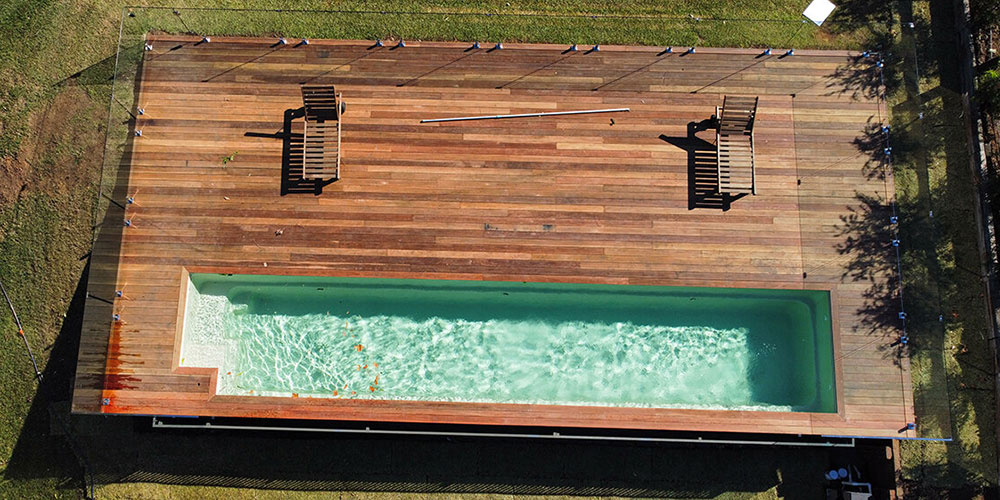 aerial view of a 40ft container pool with a surrounding deck