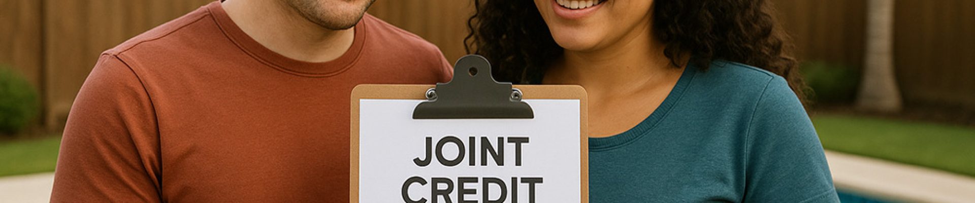 couple Infront of pool holding a clipboard with a credit score graph