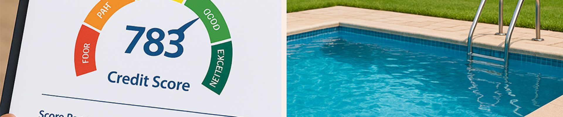 A credit report with a good score on a clipboard. Right Side: A beautiful backyard swimming pool.