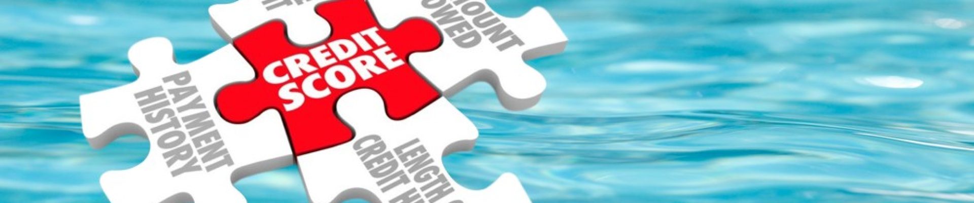 Image of a puzzle floating on water with sections labeled "Credit Score," "Age of Credit," "Amount Owed," "Payment History," and "Length of Credit History." The middle piece is red, emphasizing "Credit Score.
