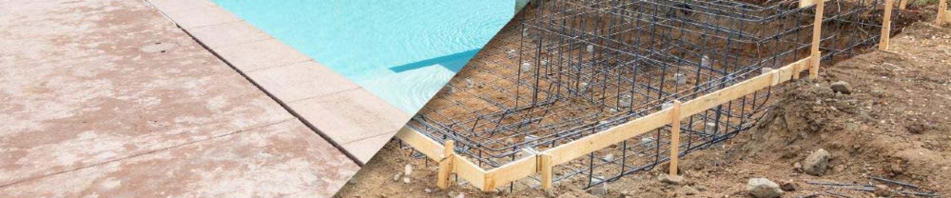 Split image showing a completed swimming pool on the left and the initial construction phase with rebar framing on the right.